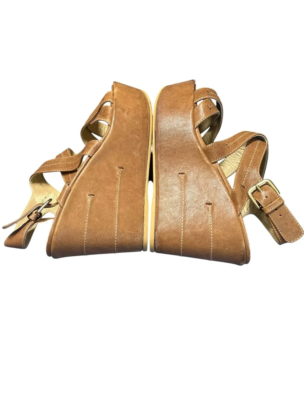 Stuart Weitzman tan leather strappy wedge sandals - Picture 6 of 9